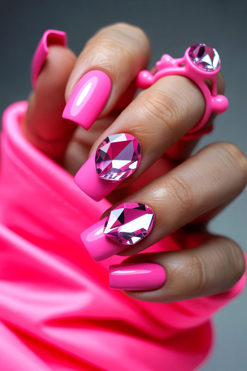 Hot Pink Nails With Oversized Crystals - 25 Rhinestone Valentine's Day Nail Ideas