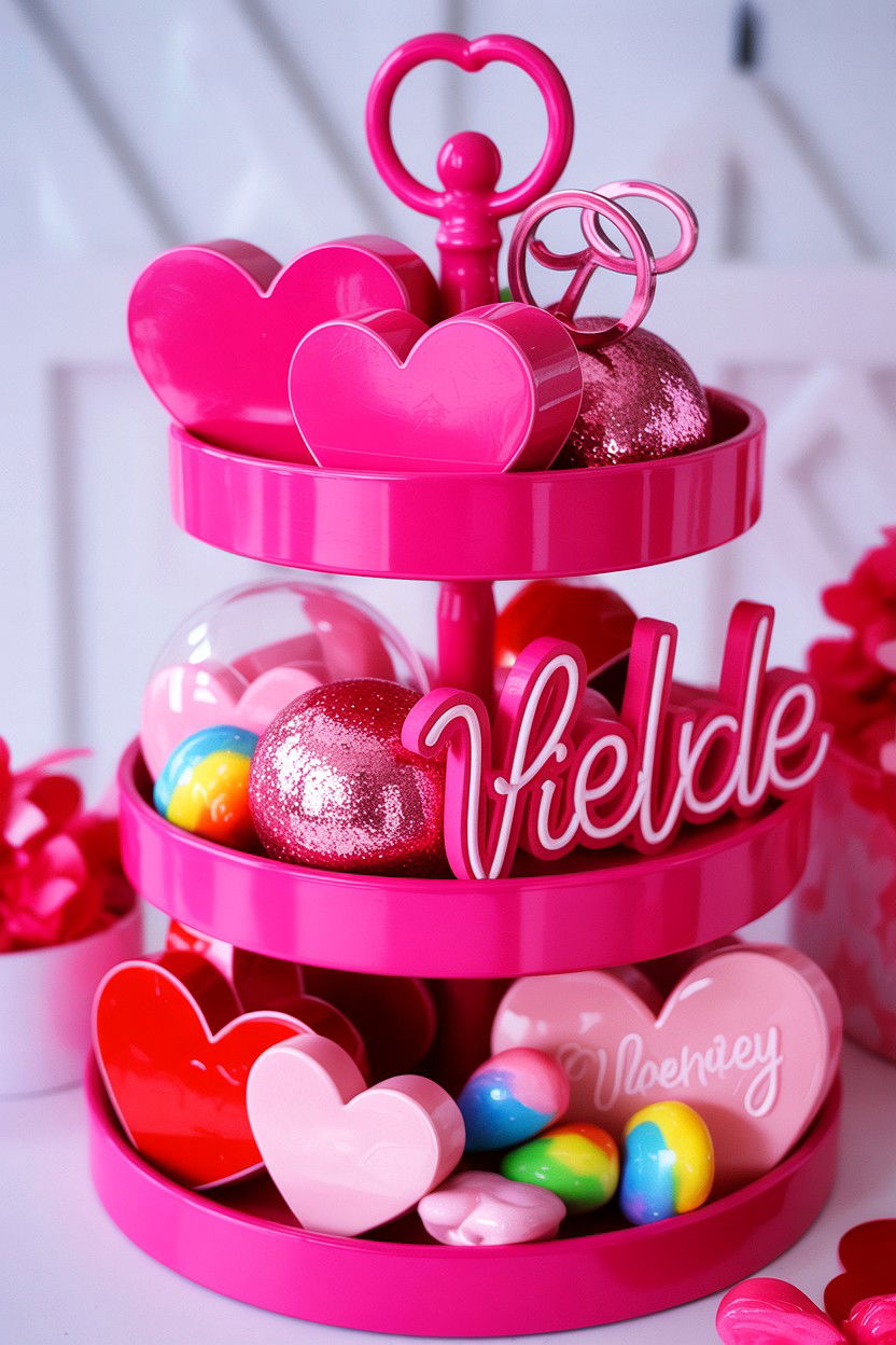 Hot Pink Valentine Tiered Tray - 25 Pink Valentine's Day Tiered Tray Ideas