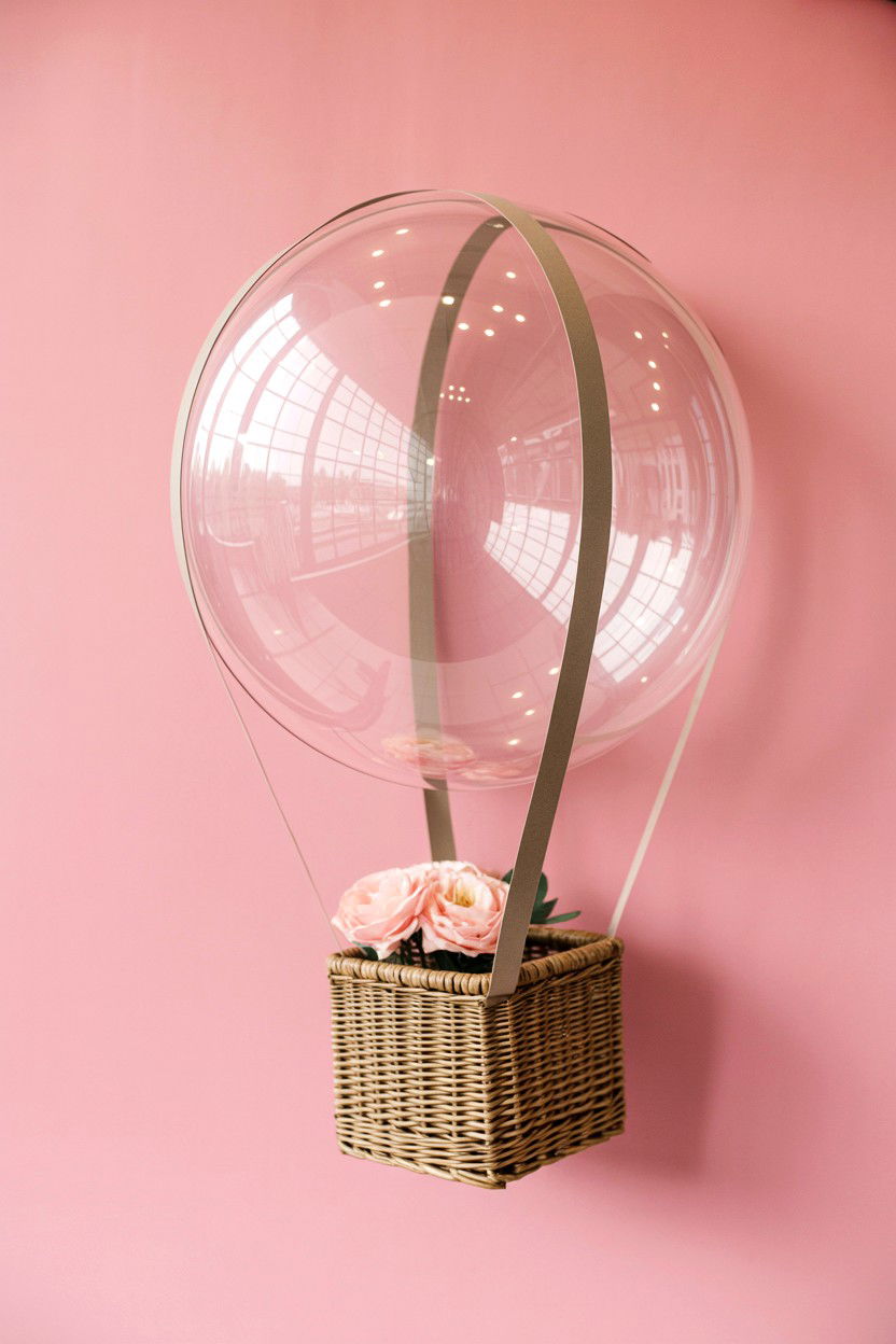 Hot air balloon basket with clear balloon - 25 Valentine's Day Clear Balloon Ideas