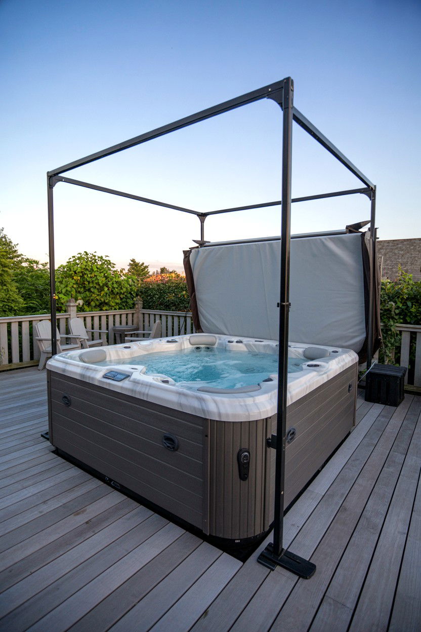 Hot tub cover lifter as a privacy shield - 30 backyard hot tub ideas