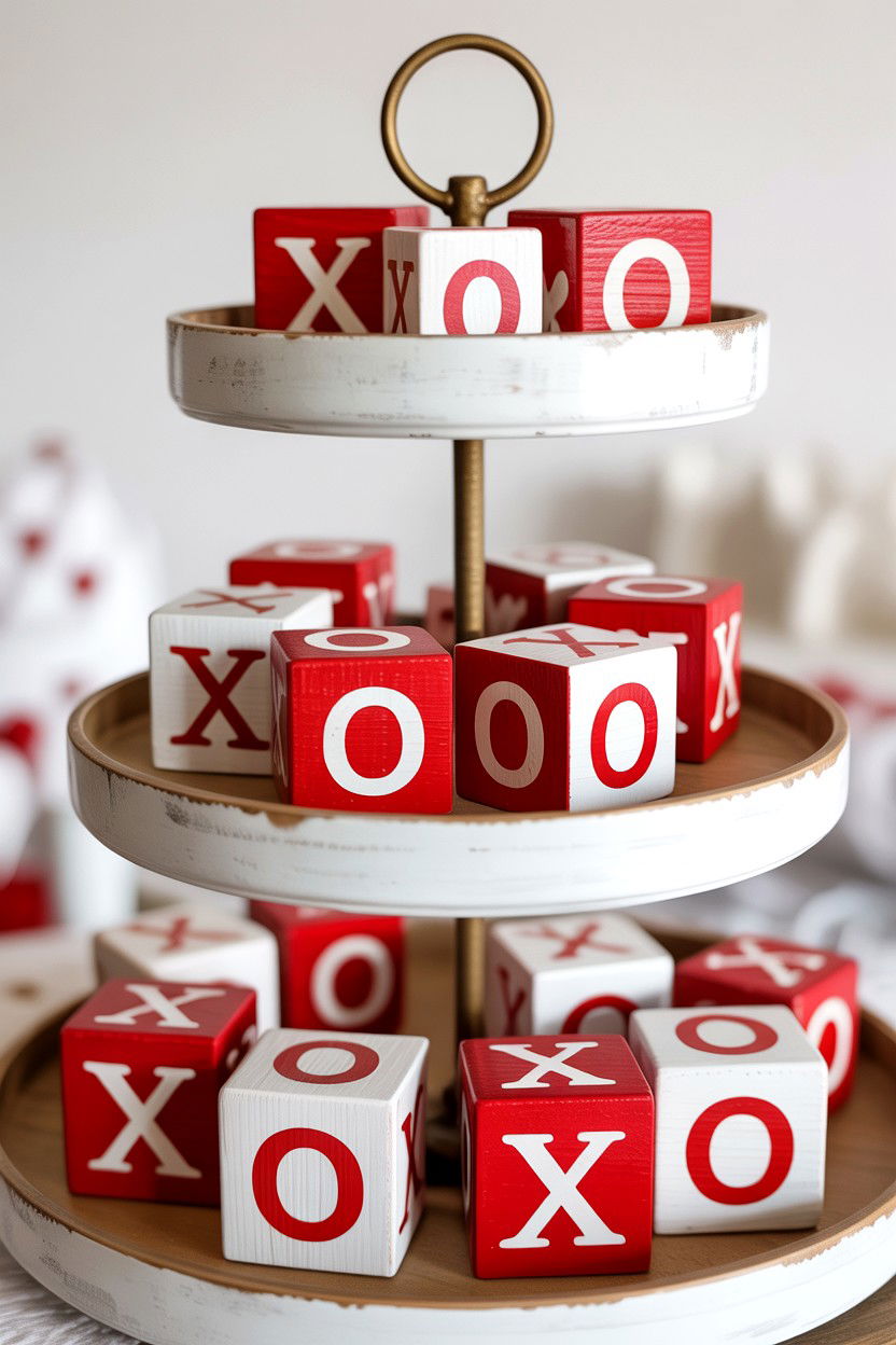 Hugs And Kisses Blocks - 25 Rustic Valentine's Day Tiered Tray Ideas