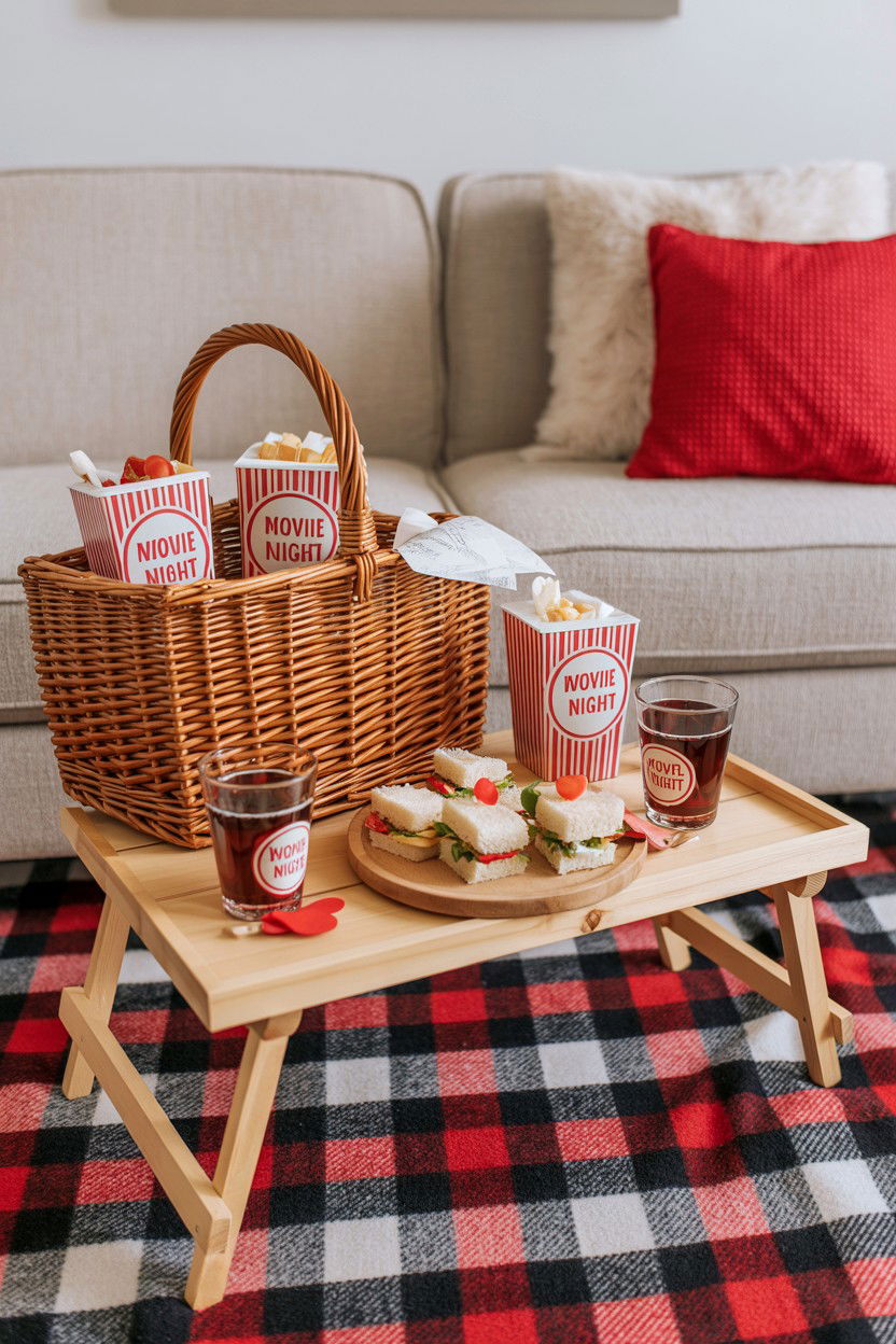 Indoor picnic movie setup - 25 Valentine's Day Movie Night Gift Basket Ideas