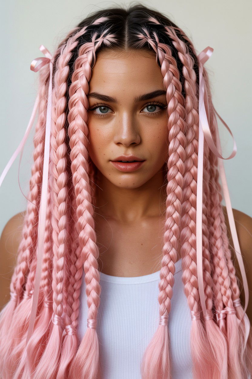 Jumbo Braids Pink Ribbons - 25 Valentine's Day Textured Hair Ideas