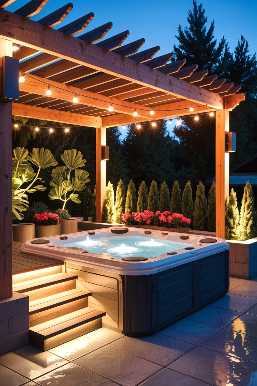 LED hot tub lighting plan - 30 backyard hot tub ideas