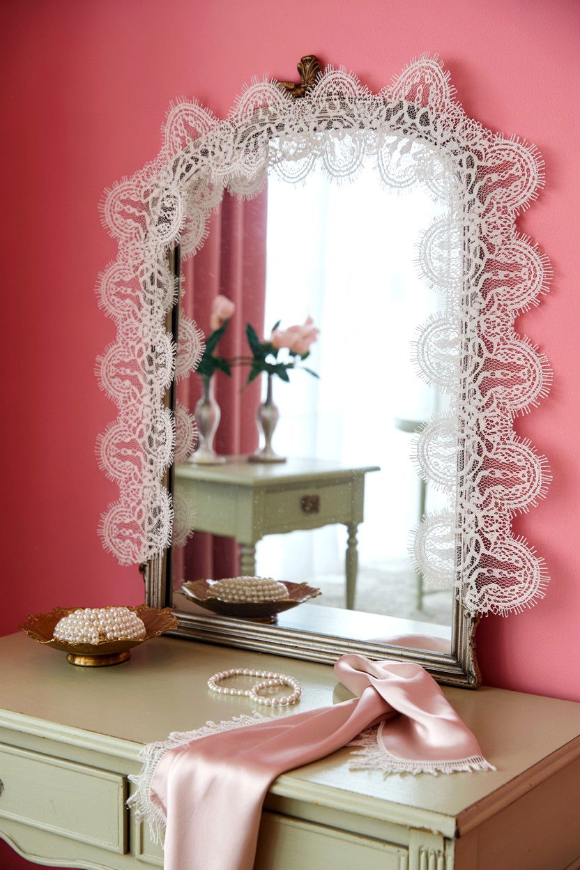 Lace trim mirror border - 25 Valentine's Day Mirror Decor Ideas