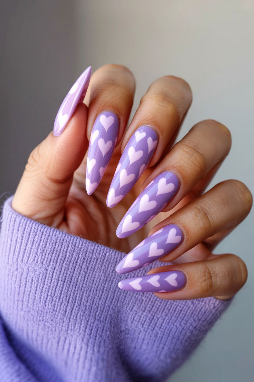 Lavender Heart Pattern - 25 Long Valentine's Day Nail Designs