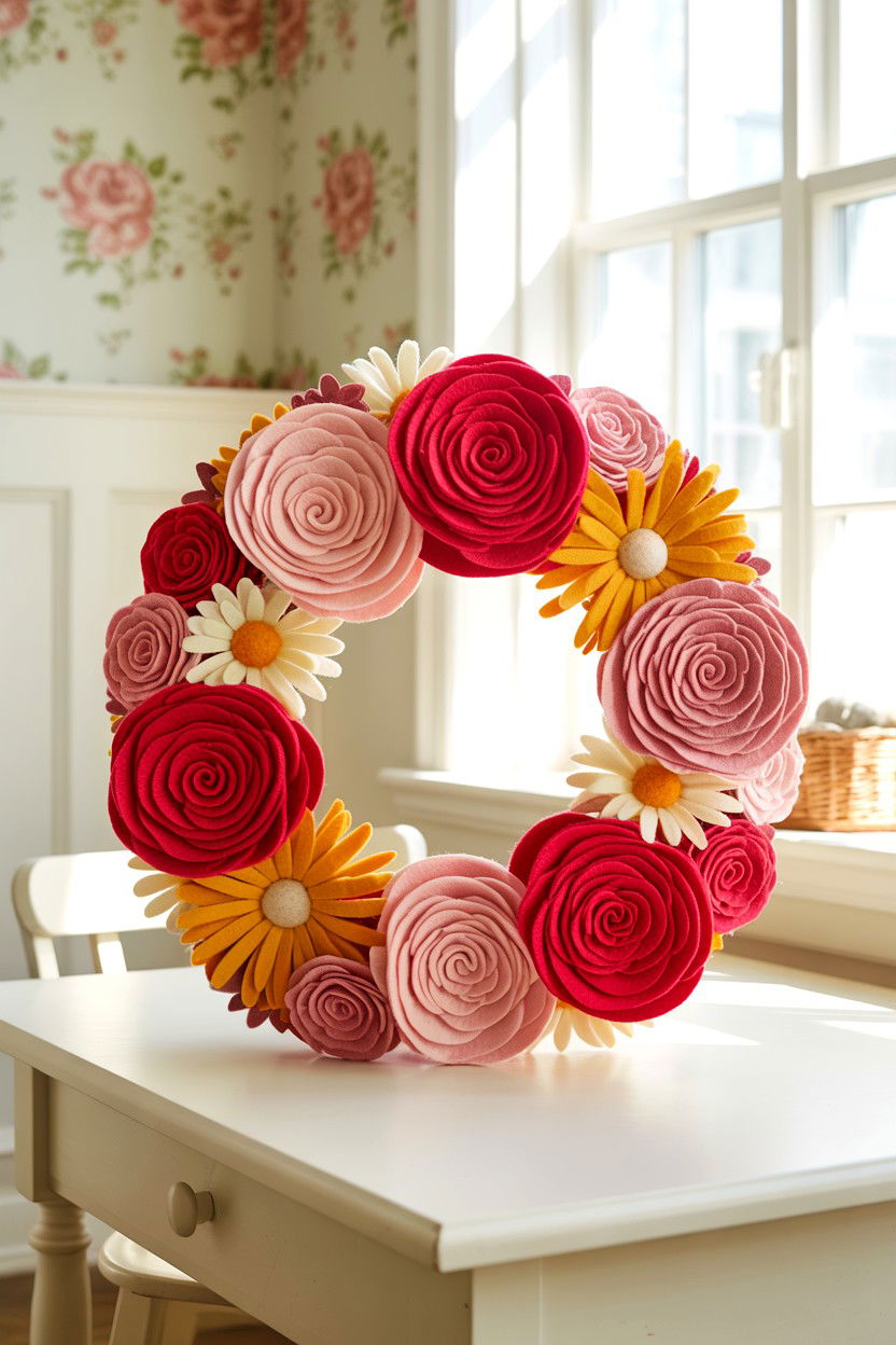 Layered Felt Flower Wreath - 25 Felt Valentine's Day Wreath Ideas