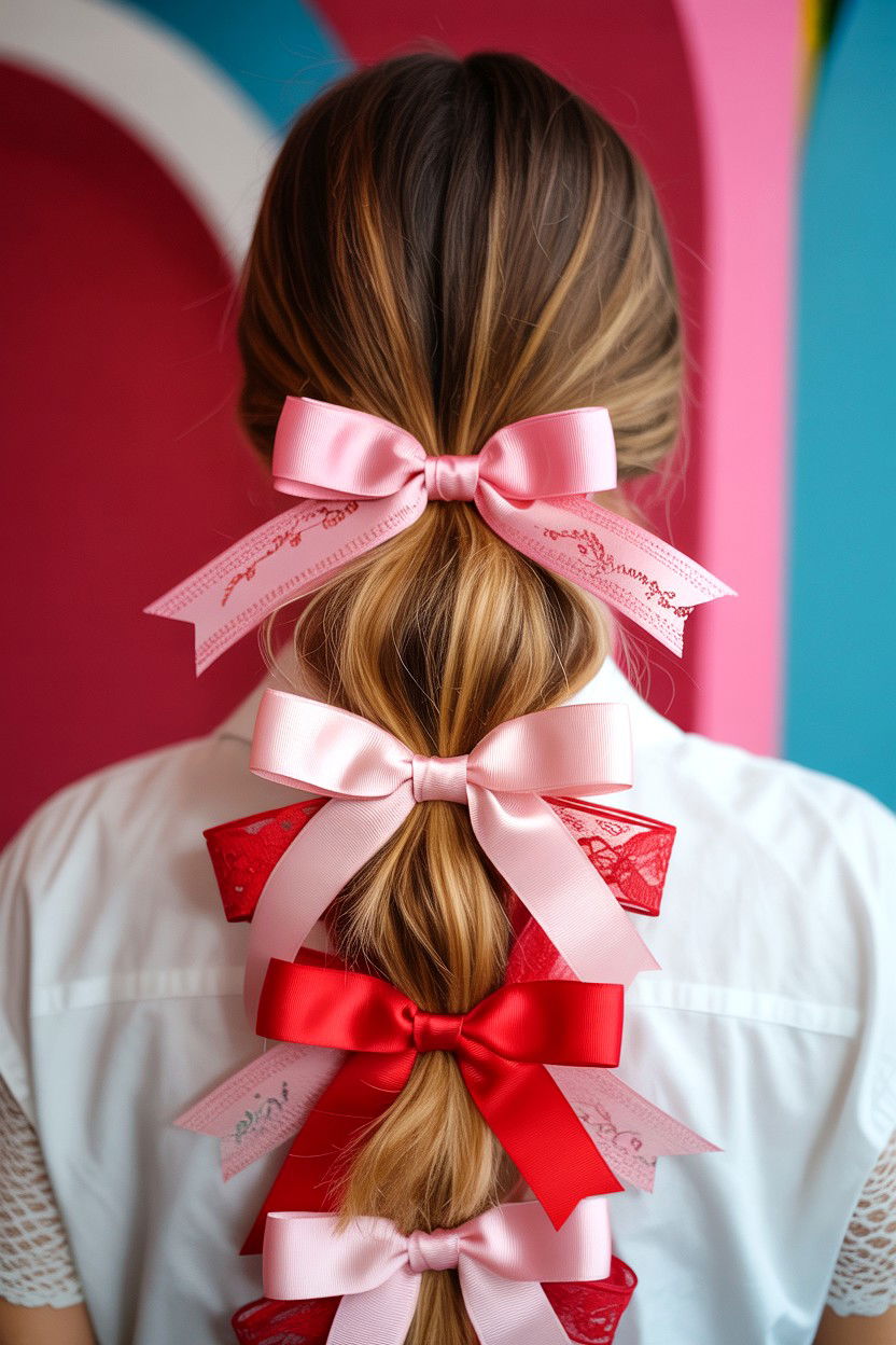 Layered Ribbon Ponytail - 25 Valentine's Day Bow Hairstyle Ideas