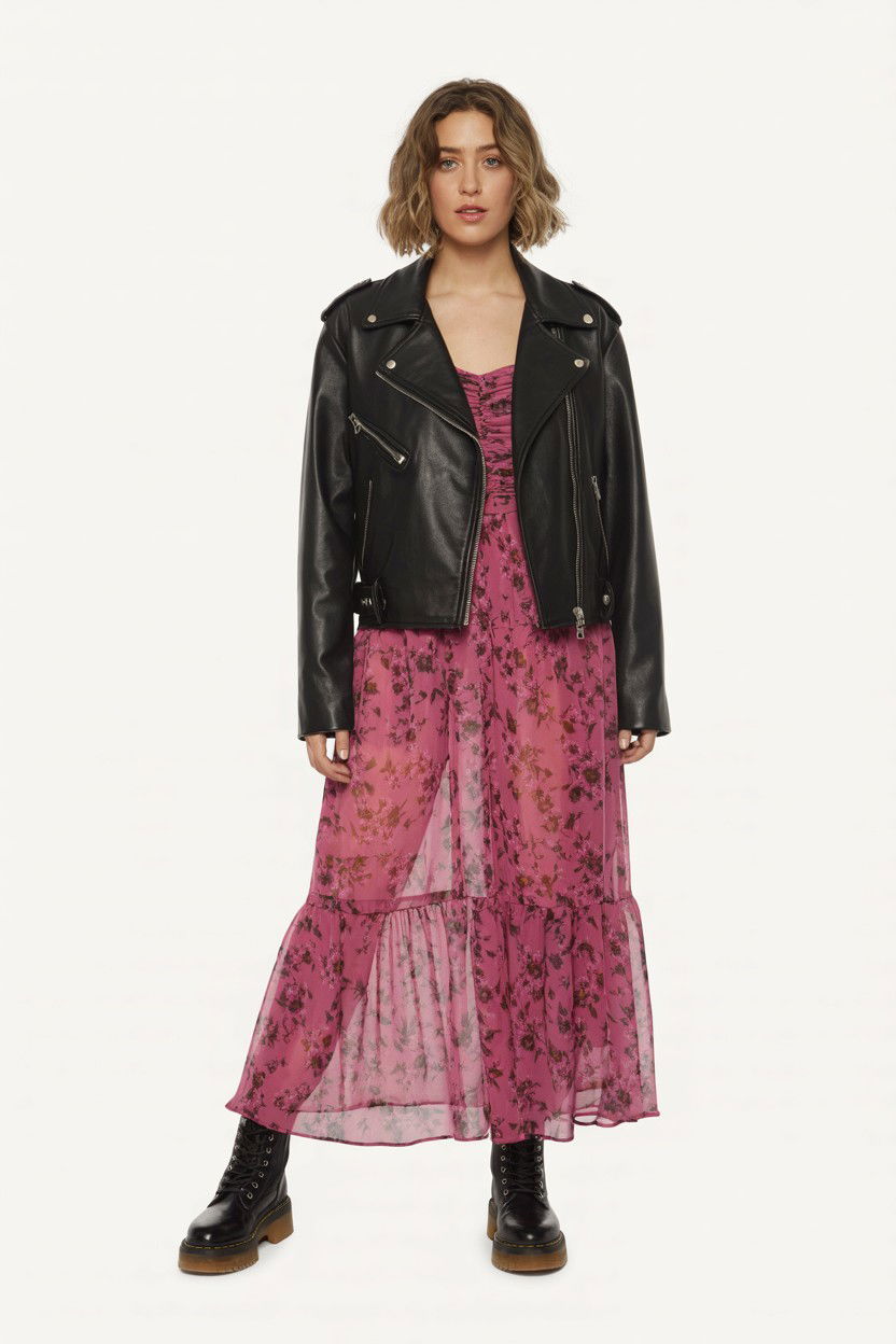 Leather Jacket With Floral Dress - 25 Valentine's Day Boho Outfits