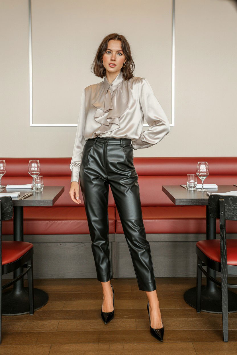 Leather Pants Romantic Blouse - 25 Valentine's Day Winter Outfits