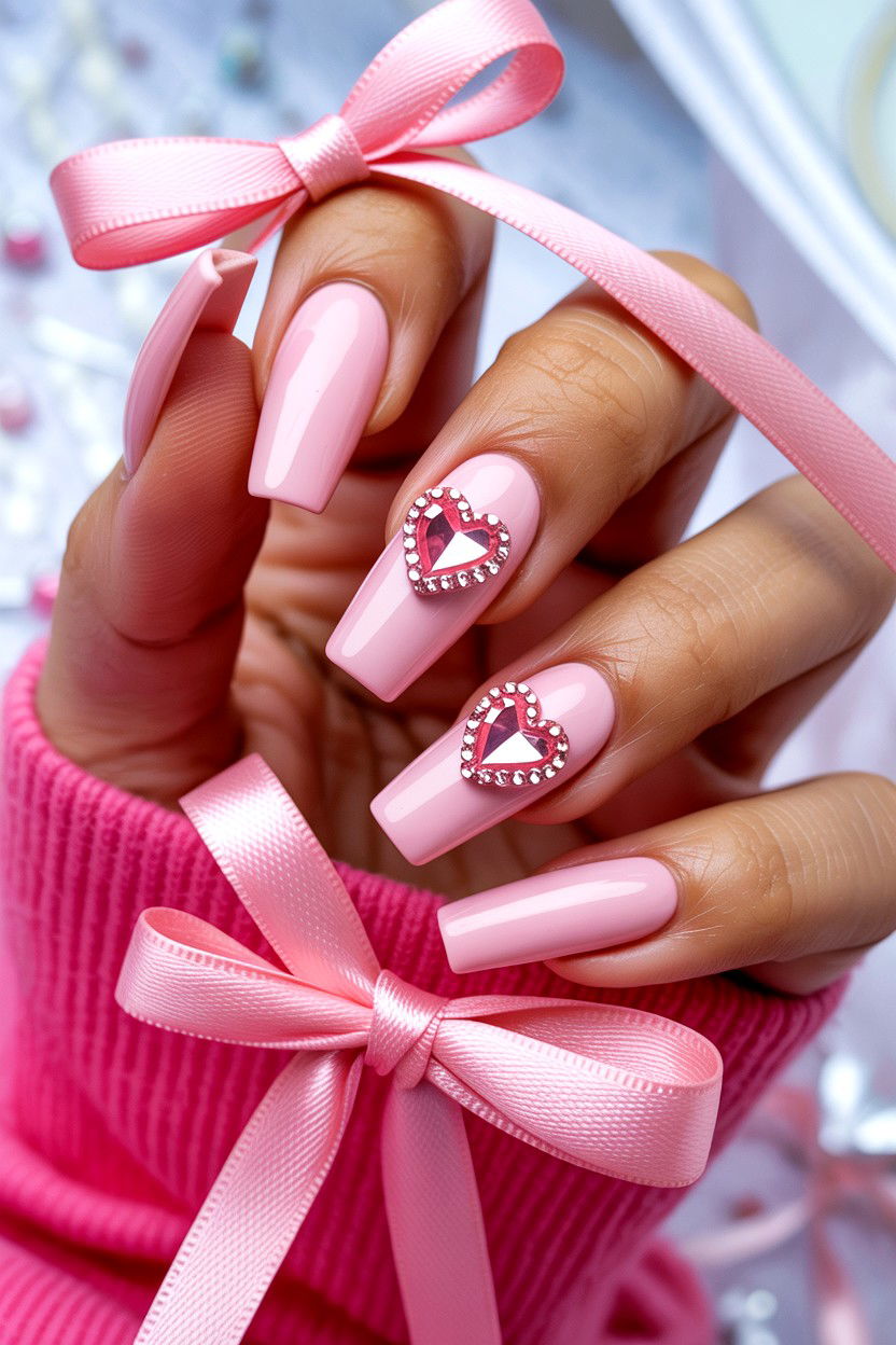 Light Pink Nails With Heart Charms - 25 Rhinestone Valentine's Day Nail Ideas