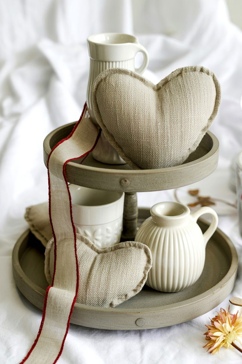 Linen Valentine Decor - 25 Neutral Valentine's Day Tiered Tray Ideas