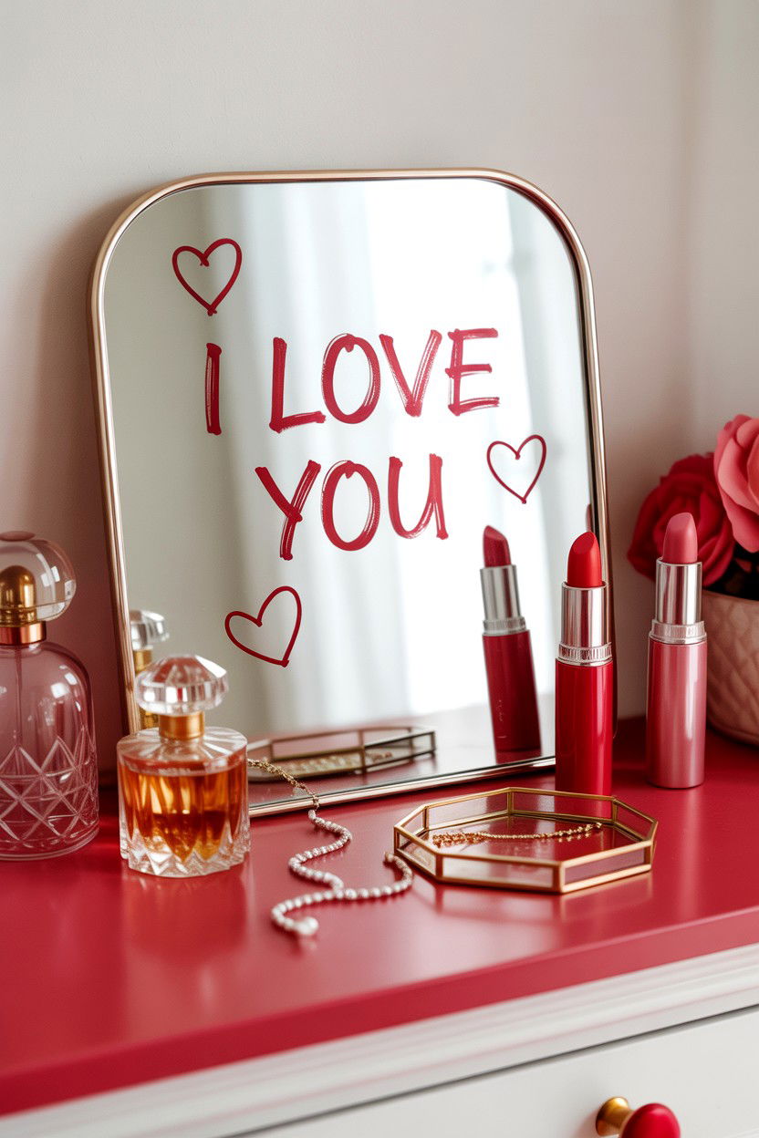 Lipstick mirror message - 25 Valentine's Day Mirror Decor Ideas