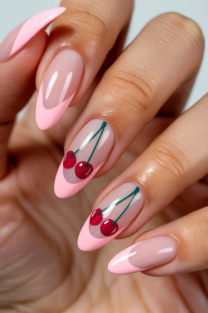 Long Almond Cherry Nails - 25 Cherry Valentine's Day Nail Ideas