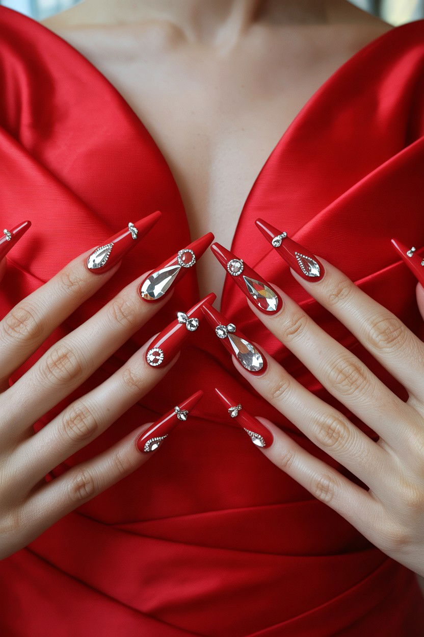 Long Almond Red Nails With Gems - 25 Rhinestone Valentine's Day Nail Ideas