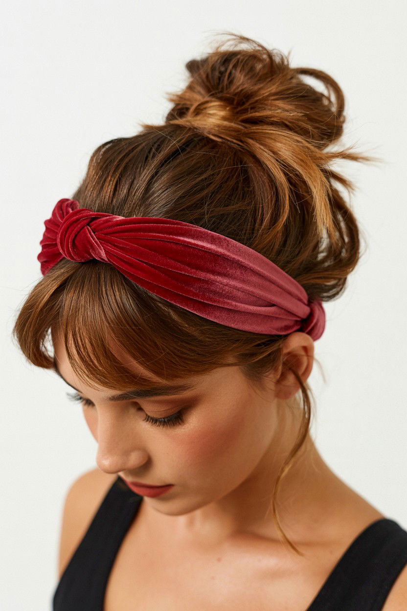 Loose Messy Bun With Velvet Headband - 25 Valentine's Day Messy Bun Ideas