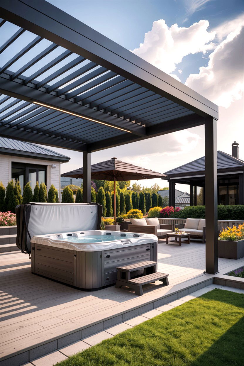 Louvered pergola hot tub roof - 30 backyard hot tub ideas