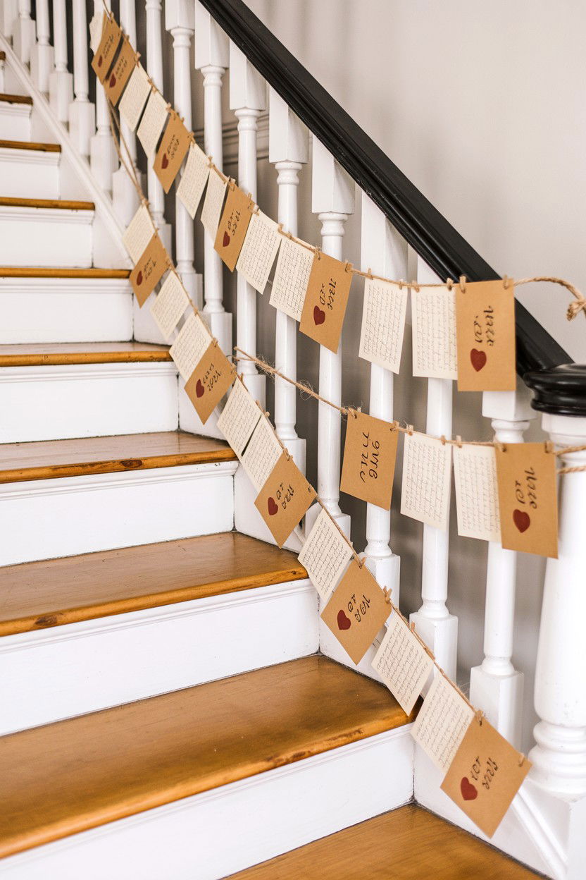Love letter garland for stairs - 25 Valentine's Day Staircase Decor Ideas