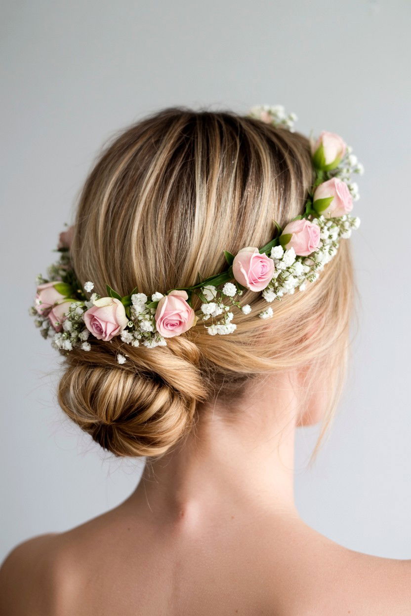 Low Bun With Flower Crown - 25 Valentine's Day Low Bun Hairstyles