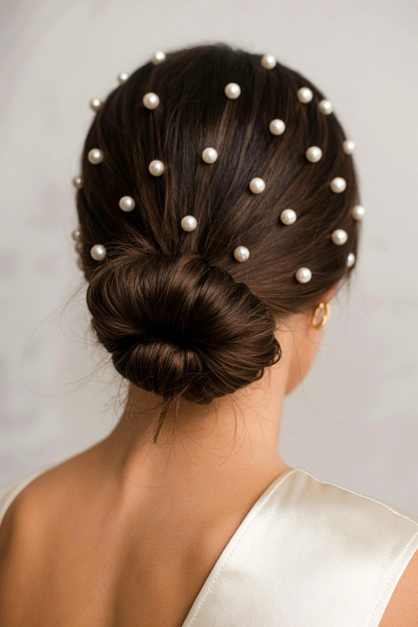 Low Bun With Pearl Pins - 25 Valentine's Day Low Bun Hairstyles