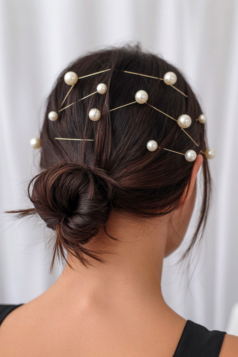 Low Messy Bun With Pearl Pins - 25 Valentine's Day Messy Bun Ideas