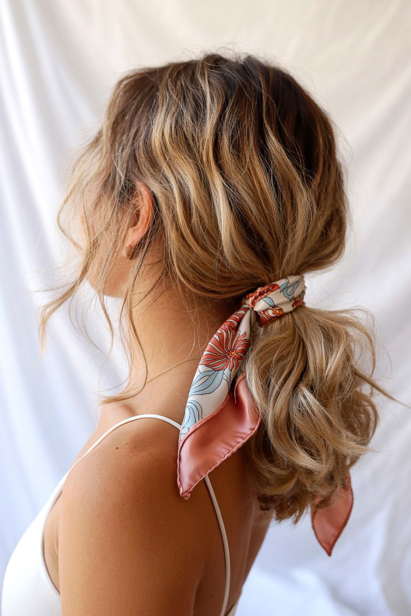 Low Messy Ponytail With Silk Scarf - 25 Valentine's Day Ponytail Ideas