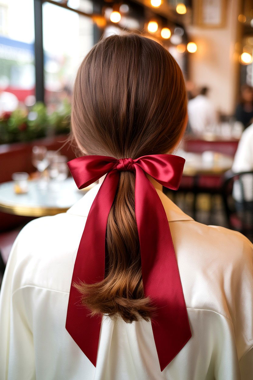Low Sleek Ponytail With Ribbon - 25 Valentine's Day Sleek Ponytail Ideas