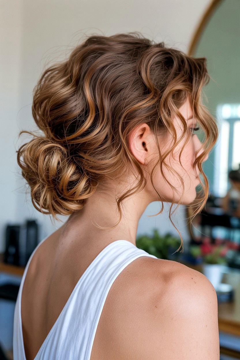 Low curly bun with face framing layers - 25 Valentine's Day Curly Hair Ideas
