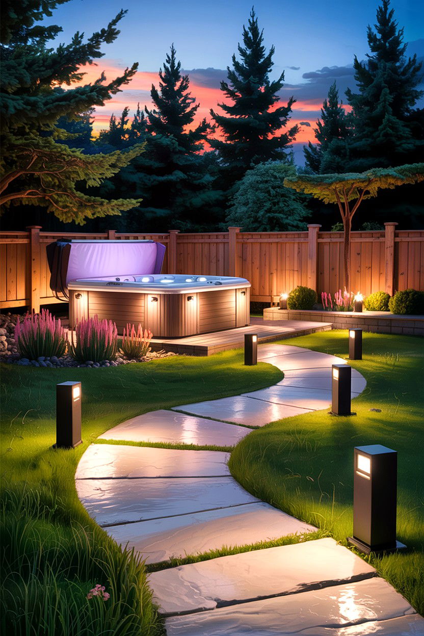 Low voltage path lights to the hot tub - 30 backyard hot tub ideas