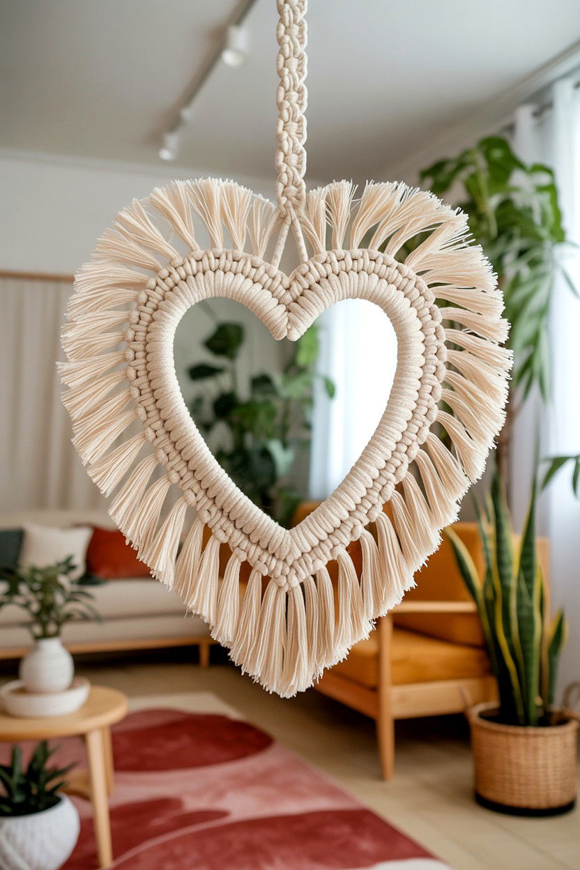 Macrame heart mirror hanger - 25 Valentine's Day Mirror Decor Ideas