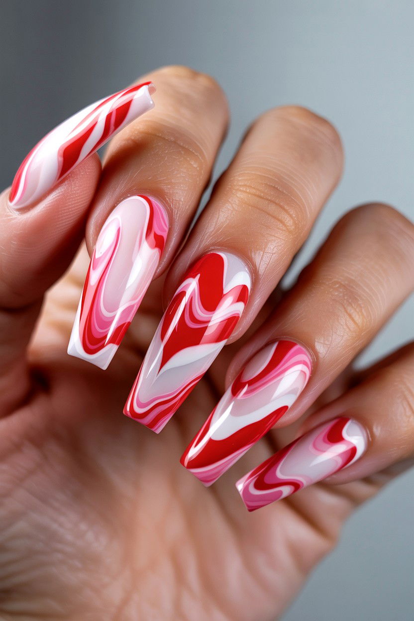 Marble Heart Effect - 25 Long Valentine's Day Nail Designs