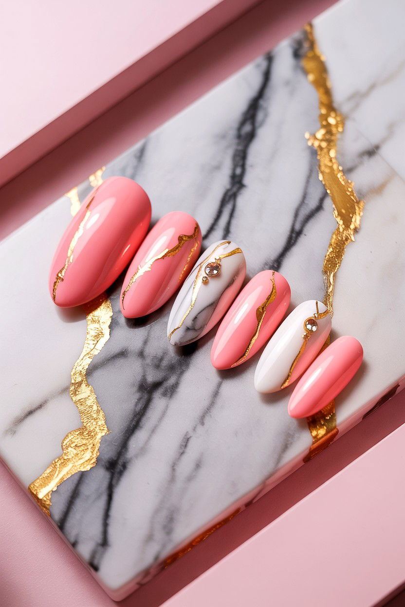 Marble Nails With Gold And Stones - 25 Rhinestone Valentine's Day Nail Ideas