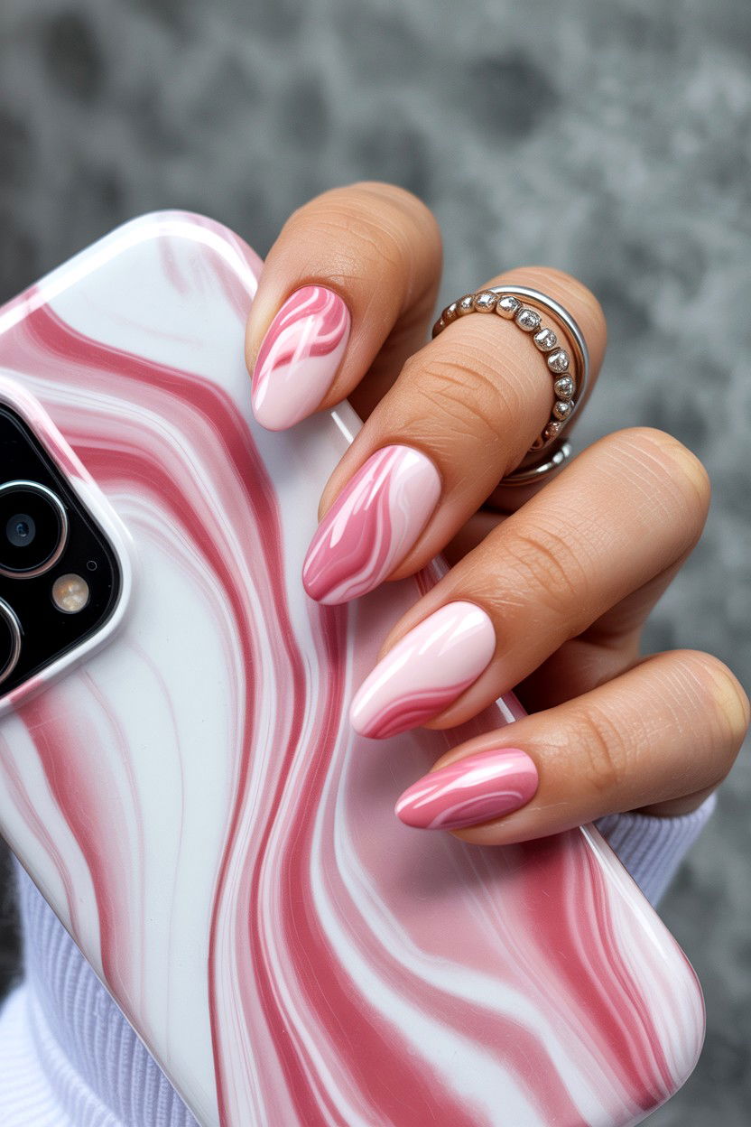 Marble Pink Nails - 25 Valentine's Day Almond Nail Ideas