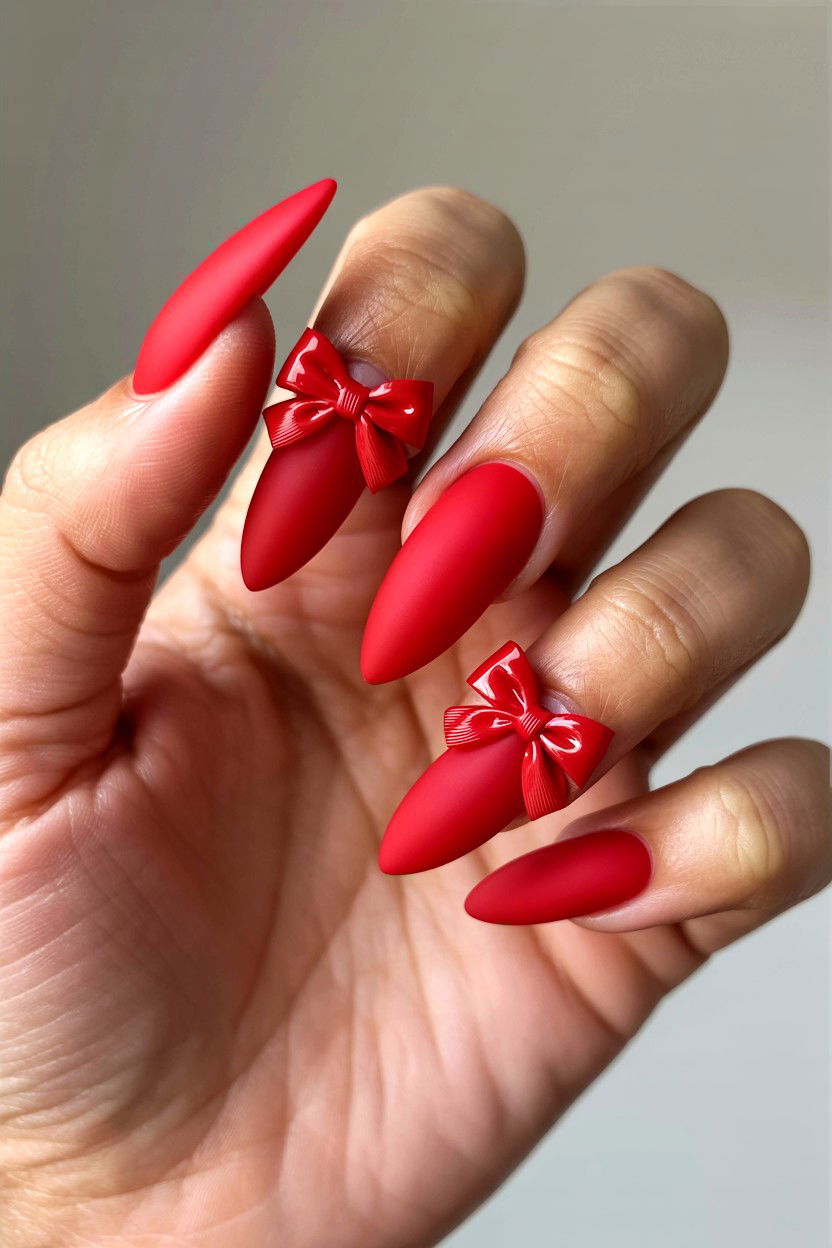 Matte Red Bow Nails - 25 Bow Valentine's Day Nail Ideas