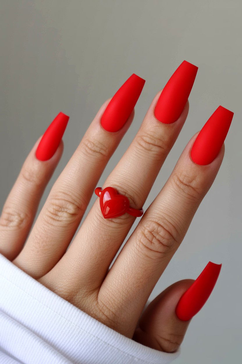 Matte Red Coffin - 25 Valentine's Day Coffin Nail Ideas