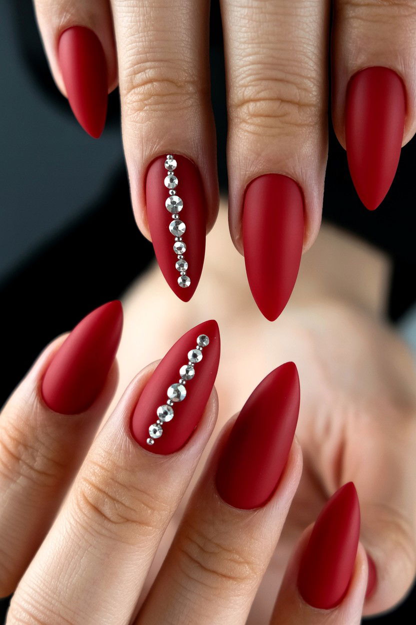 Matte Red Nails With Gems - 25 Rhinestone Valentine's Day Nail Ideas