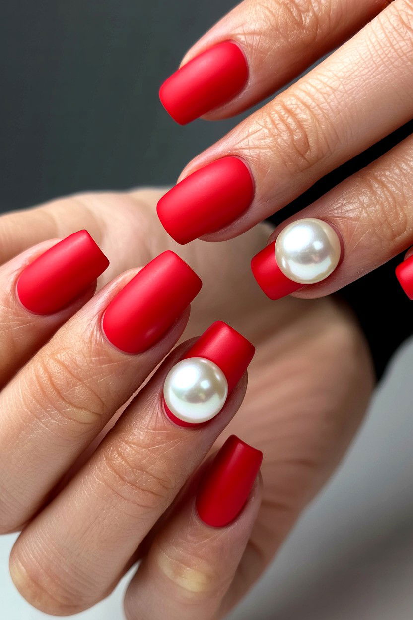 Matte Red Pearl Nails - 25 Pearl Valentine's Day Nail Ideas