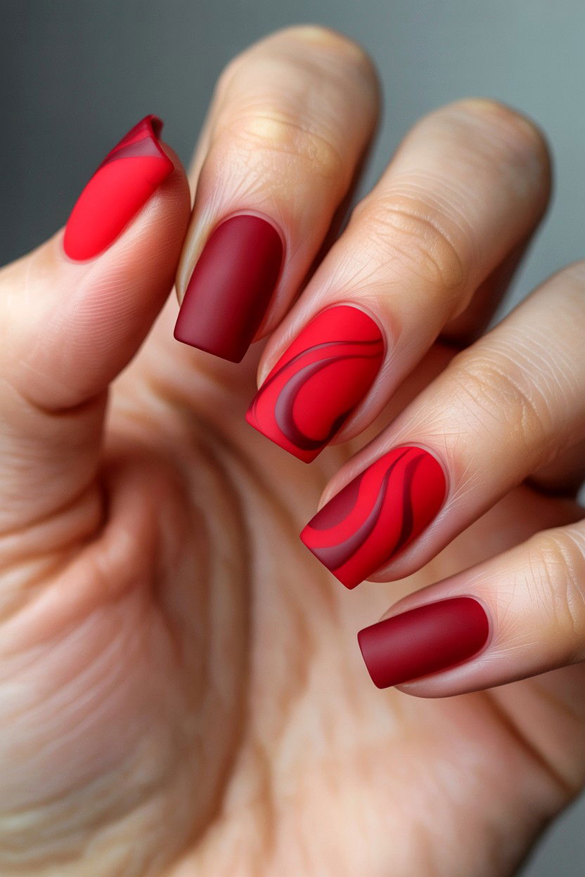 Matte Red Swirl Nails - 25 Swirl Valentine's Day Nail Ideas
