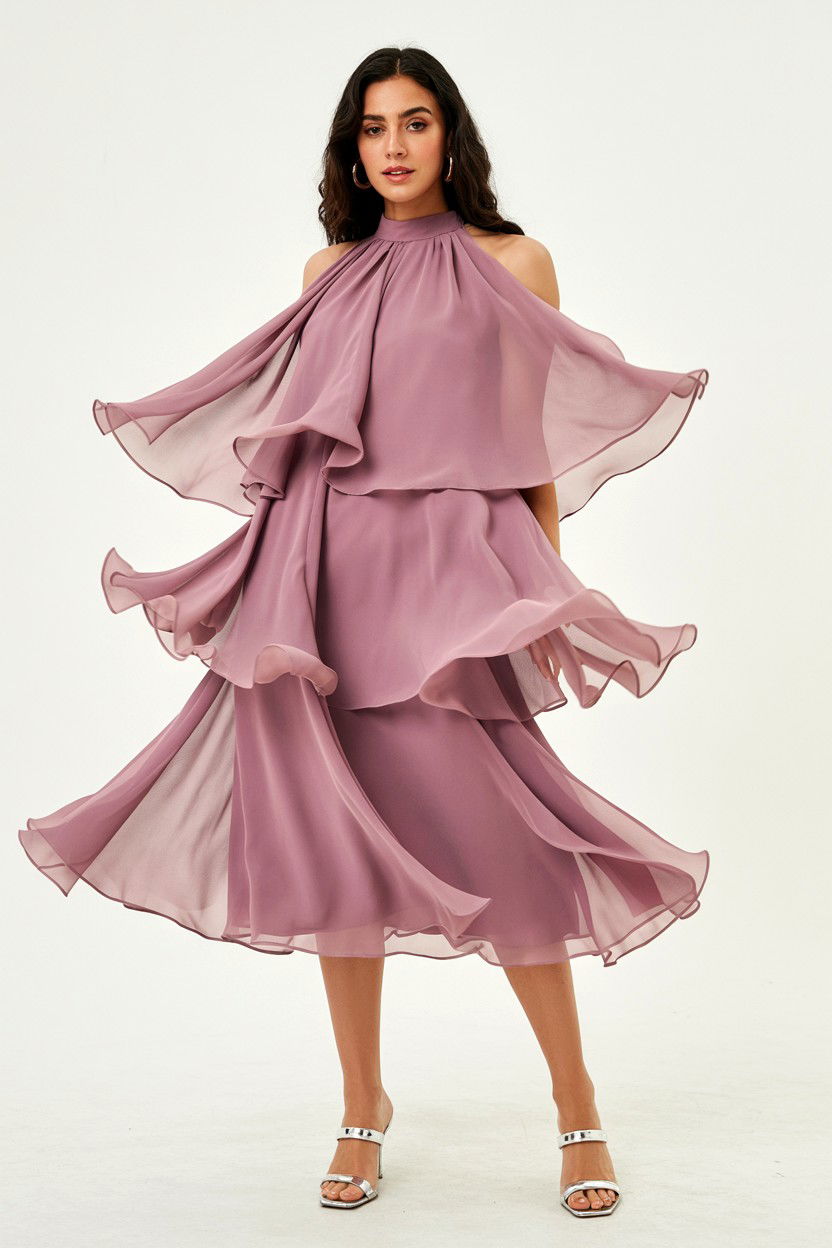 Mauve Chiffon Layered Dress - 25 Valentine's Day Midi Dress Ideas