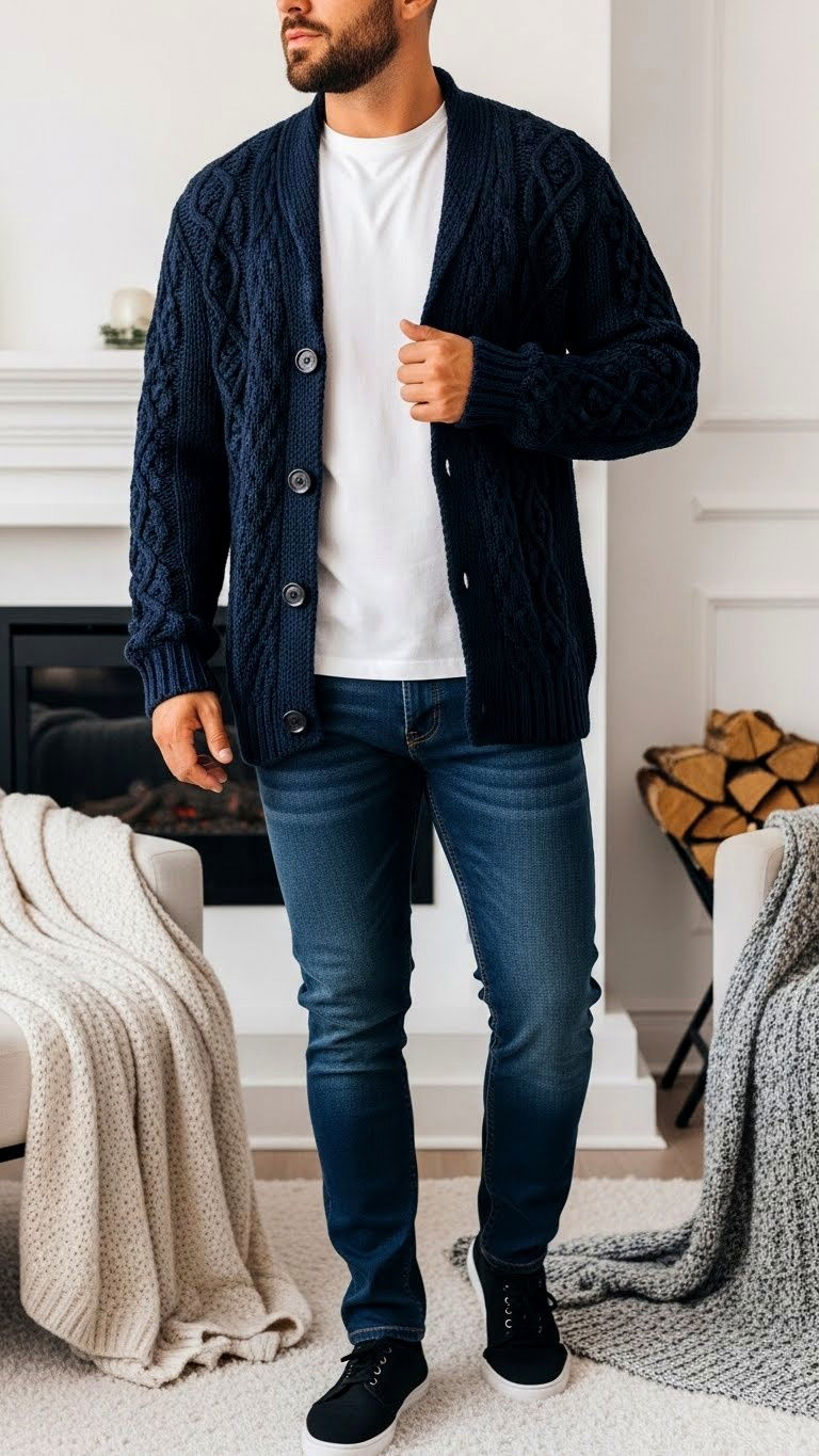 Men cardigan with white tee - 25 valentine's day outfit ideas for men