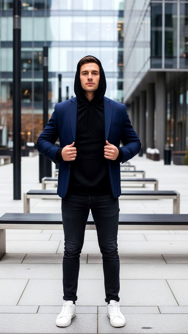 Men hoodie with blazer - 25 valentine's day outfit ideas for men