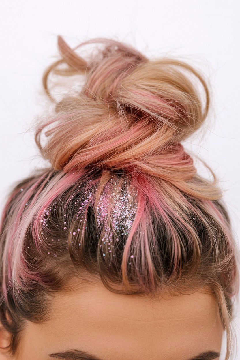 Messy Bun With Glitter Roots - 25 Valentine's Day Messy Bun Ideas