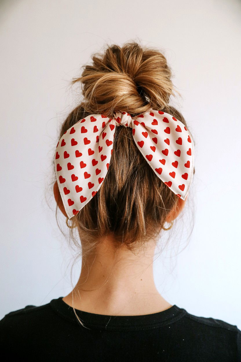 Messy Bun With Heart Patterned Scarf - 25 Valentine's Day Messy Bun Ideas