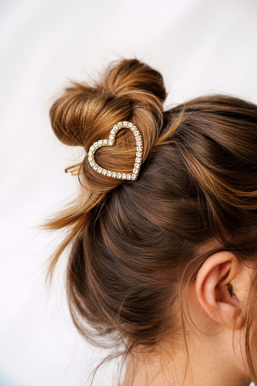 Messy Bun With Heart Shaped Hair Clip - 25 Valentine's Day Messy Bun Ideas