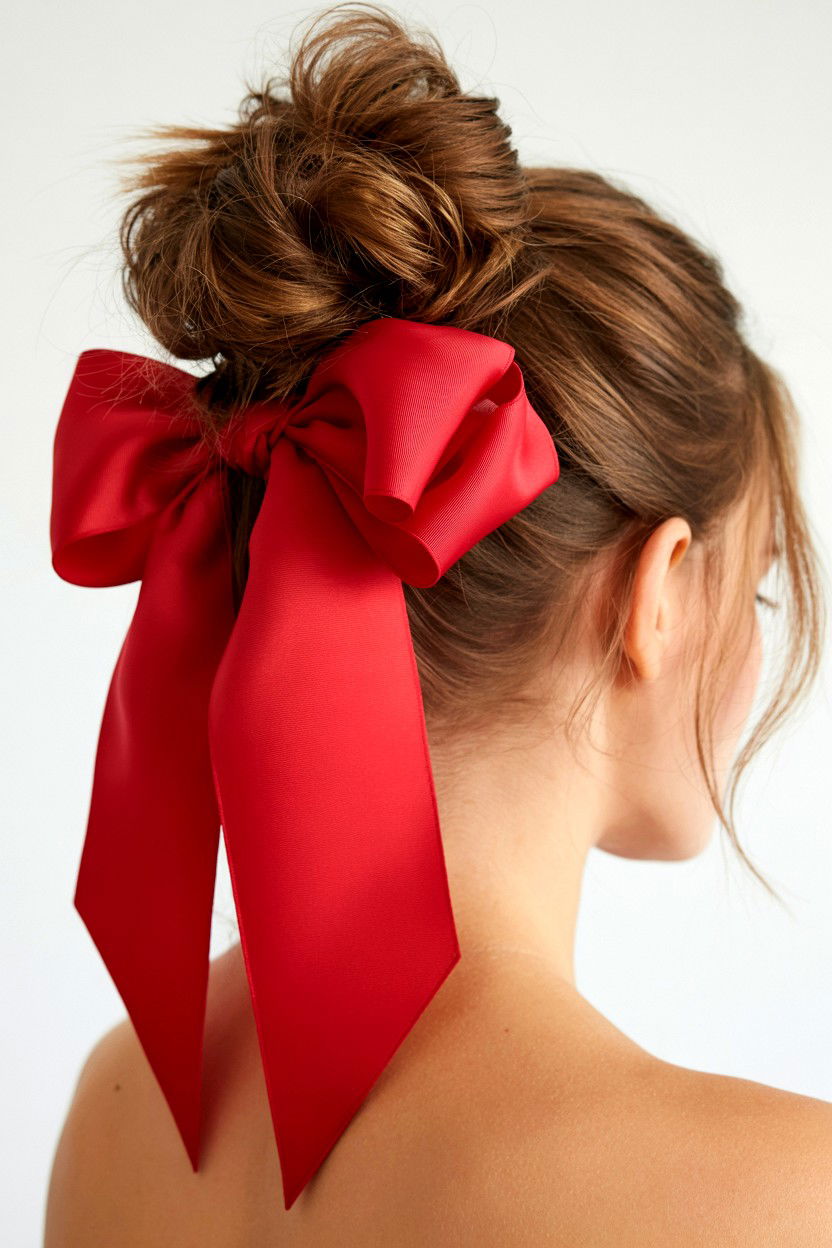 Messy Bun With Red Ribbon - 25 Valentine's Day Messy Bun Ideas