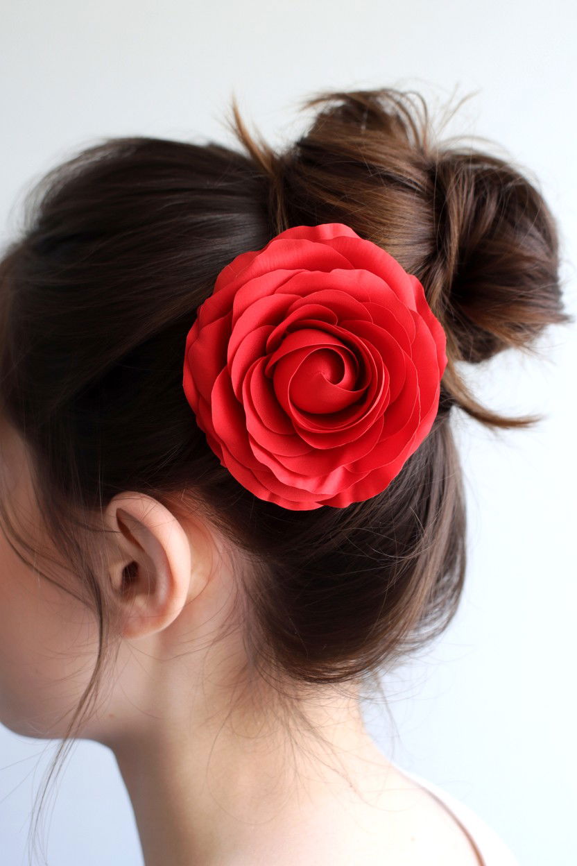 Messy Bun With Red Rose Hair Pin - 25 Valentine's Day Messy Bun Ideas