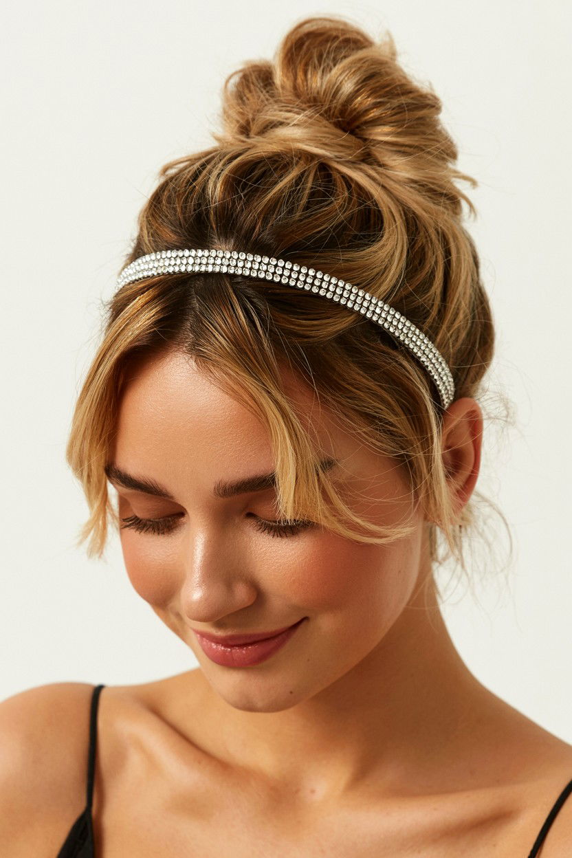 Messy Bun With Rhinestone Headband - 25 Valentine's Day Messy Bun Ideas