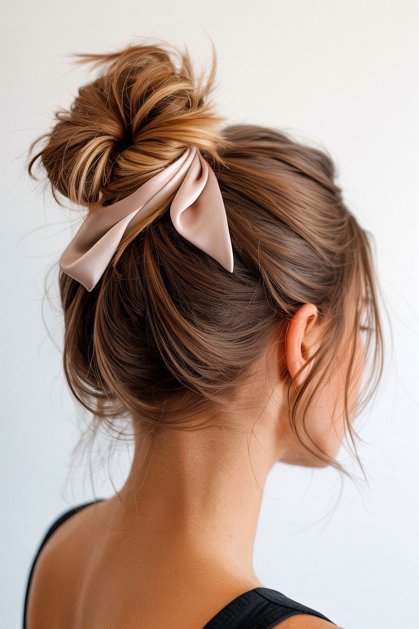 Messy Bun With Satin Hair Tie - 25 Valentine's Day Messy Bun Ideas