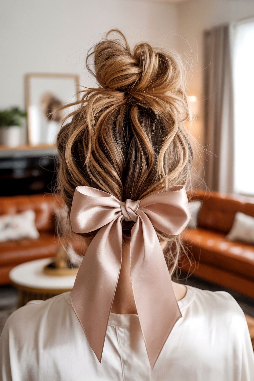 Messy Bun With Silk Bow - 25 Valentine's Day Bow Hairstyle Ideas