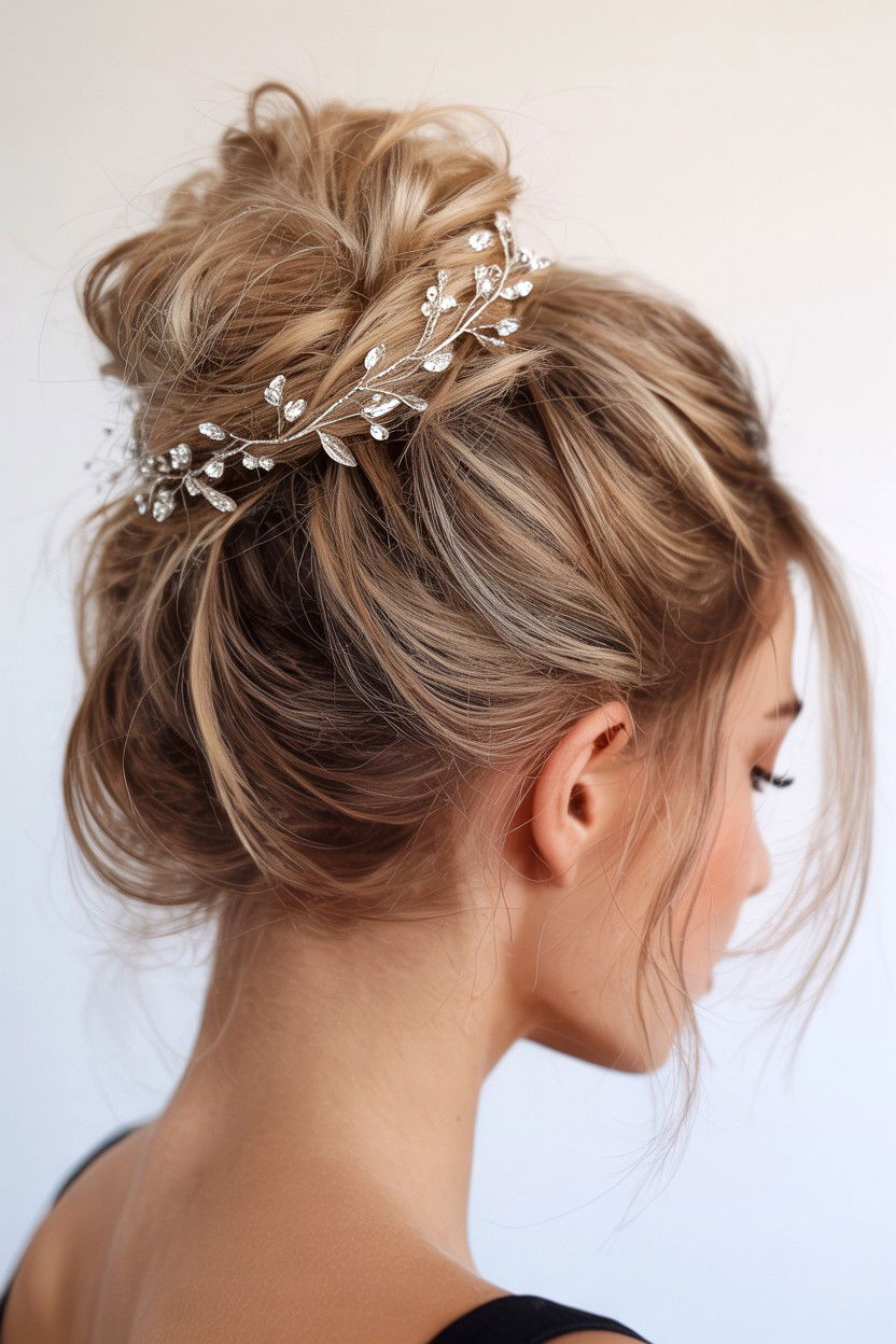 Messy Bun With Sparkling Hair Vine - 25 Valentine's Day Messy Bun Ideas